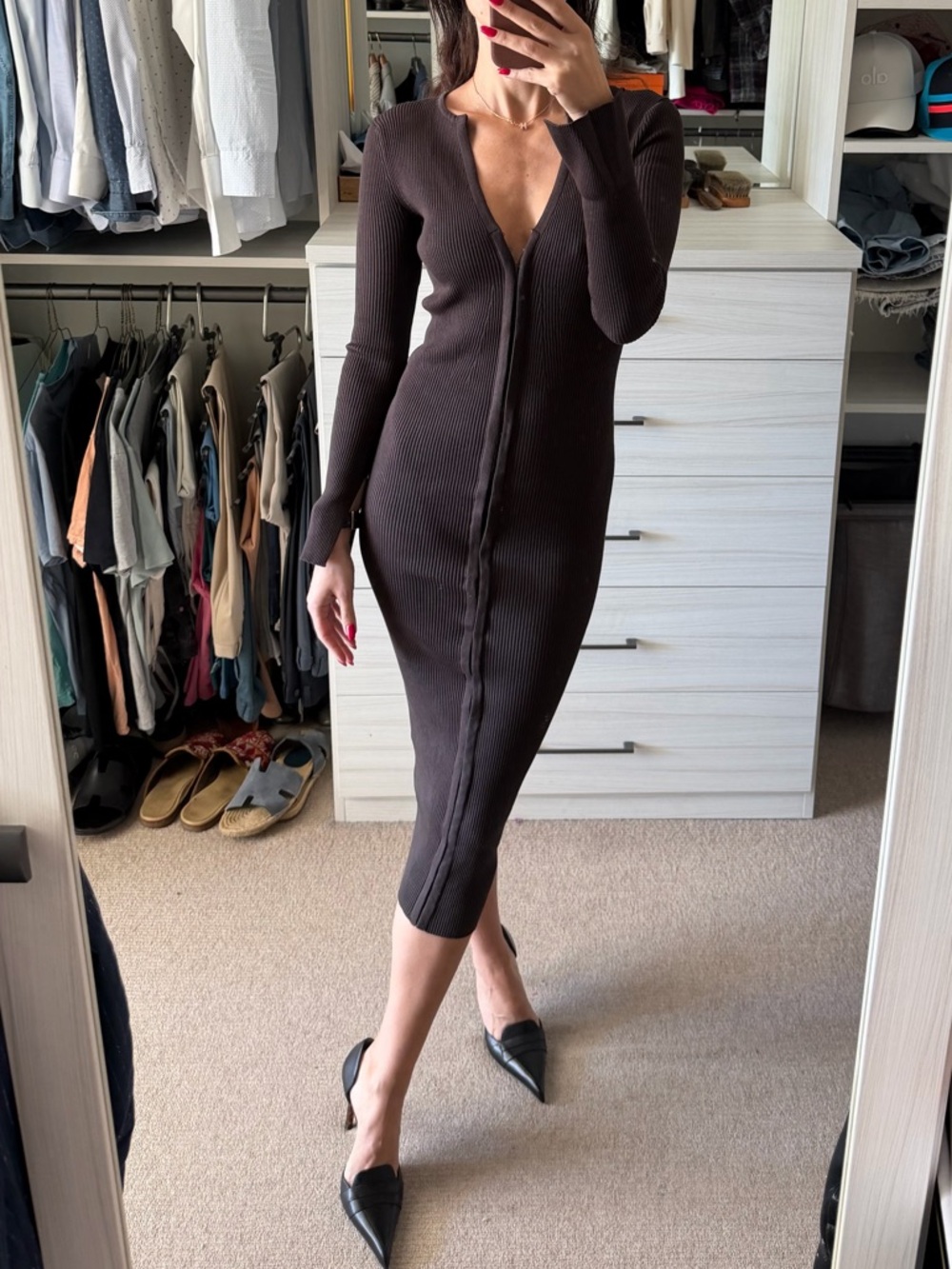 Zara Rib-Knit Button-Front Midi Dress